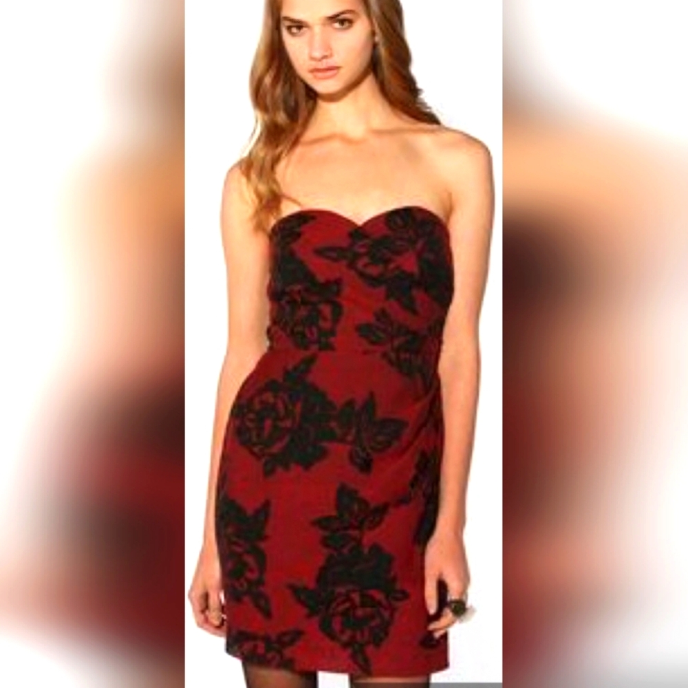 CO Strapless Burgundy/Red and Black Floral Dress, Size 8, RN#66170